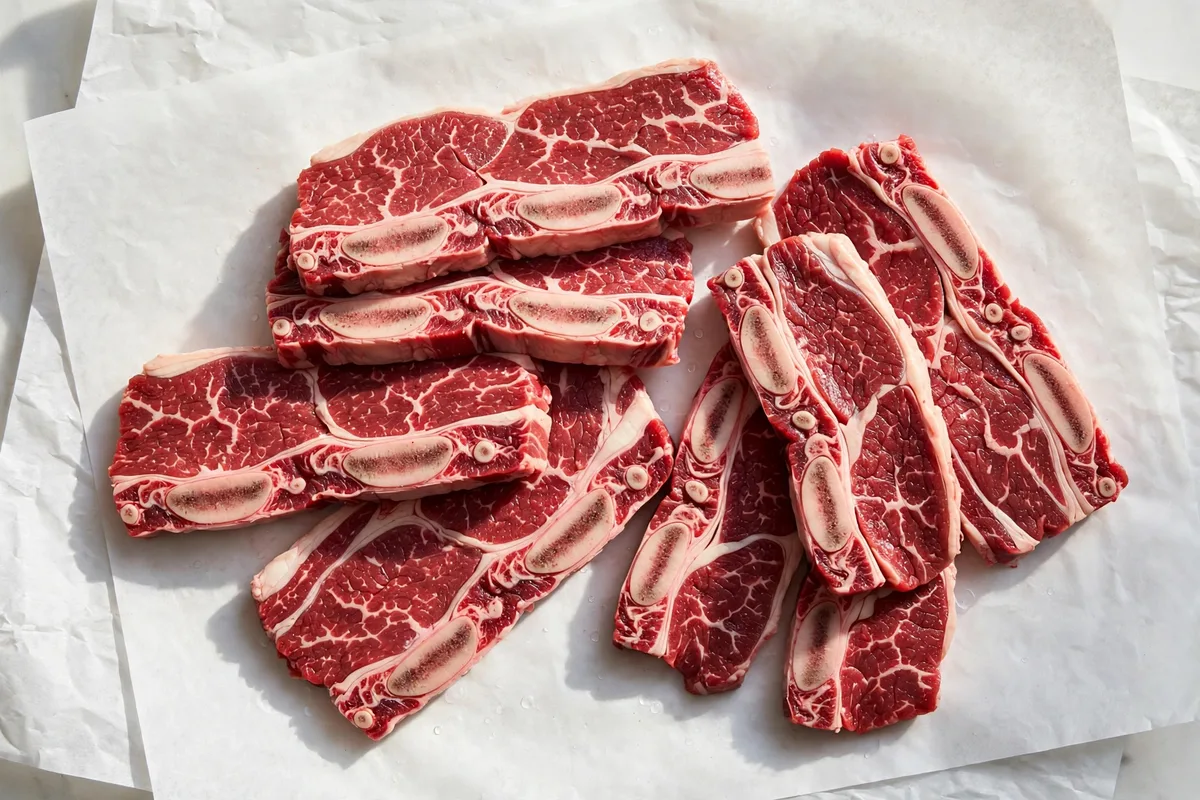 Raw kosher flanken ribs cross-cut — Satmar Meats Boro Park