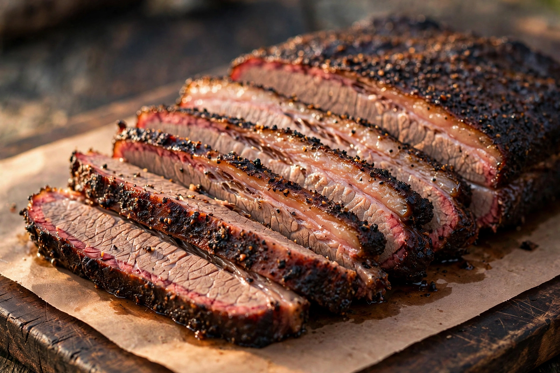 Sliced smoked kosher BBQ brisket with bark and smoke ring — Satmar Meats Boro Park Brooklyn