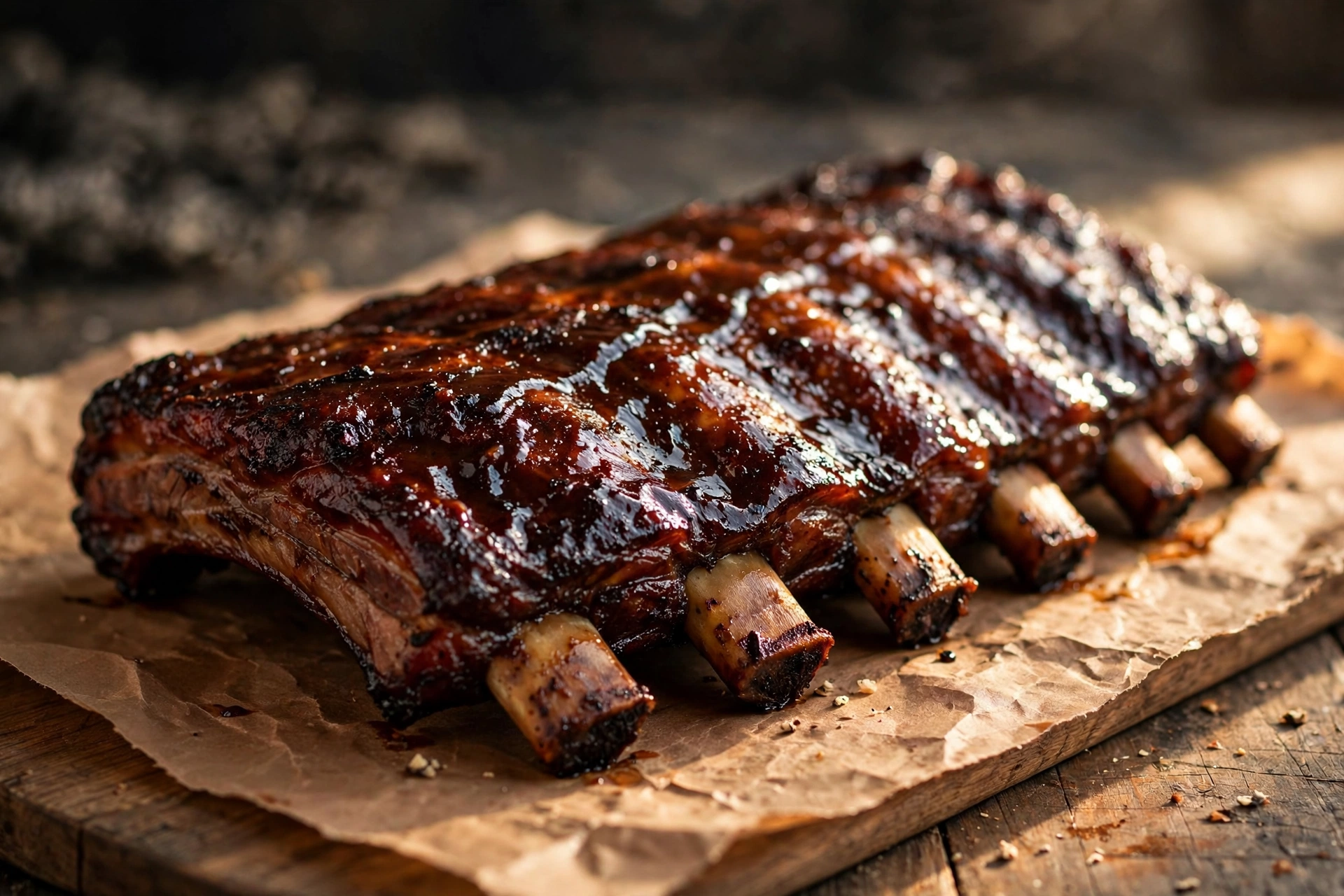 Glazed smoked kosher beef spare ribs on butcher paper — Satmar Meats Boro Park