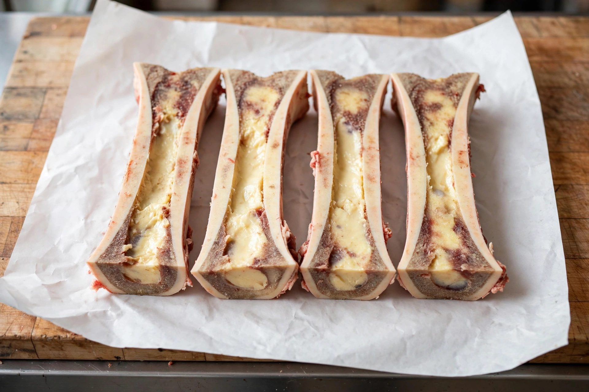 Raw kosher beef marrow bones cut open showing the marrow — Satmar Meats Boro Park Brooklyn