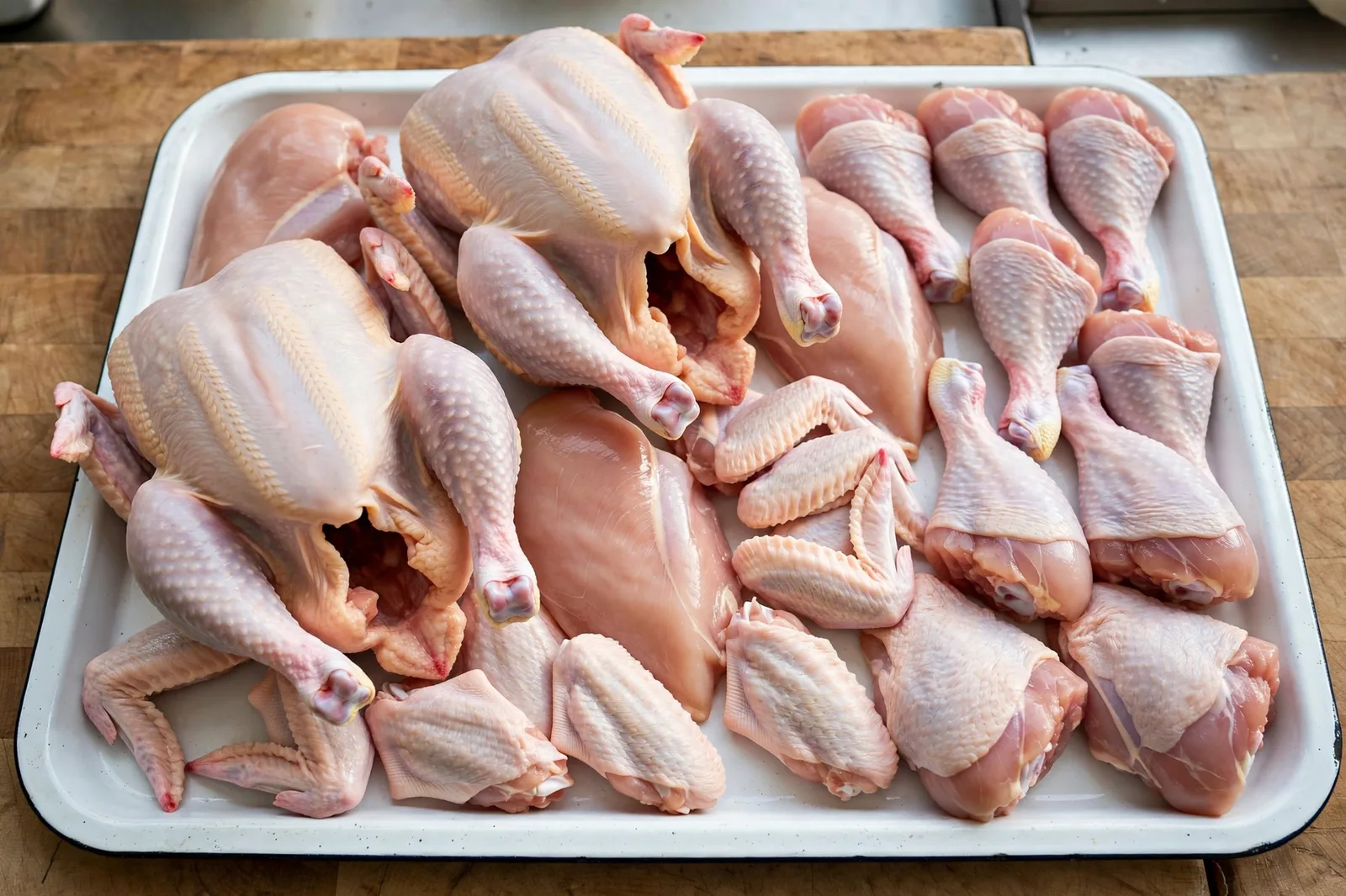 Fresh raw kosher chicken and chicken parts on a tray at the butcher counter — Satmar Meats Boro Park