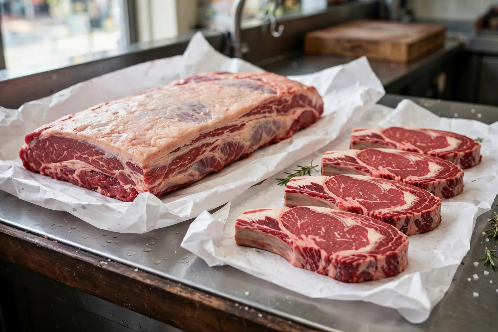 Fresh kosher beef cuts arranged on butcher paper at the Satmar Meats counter in Boro Park, Brooklyn
