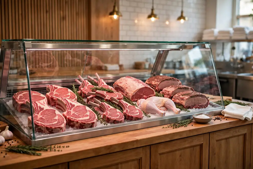 Kosher butcher counter with fresh-cut meat at Satmar Meats Boro Park