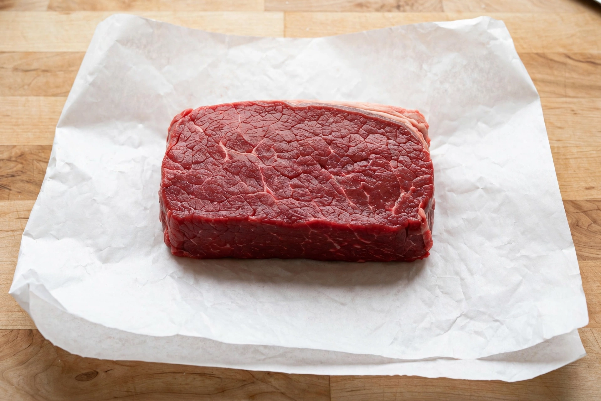 Raw kosher London broil cut on white butcher paper — Satmar Meats Boro Park Brooklyn
