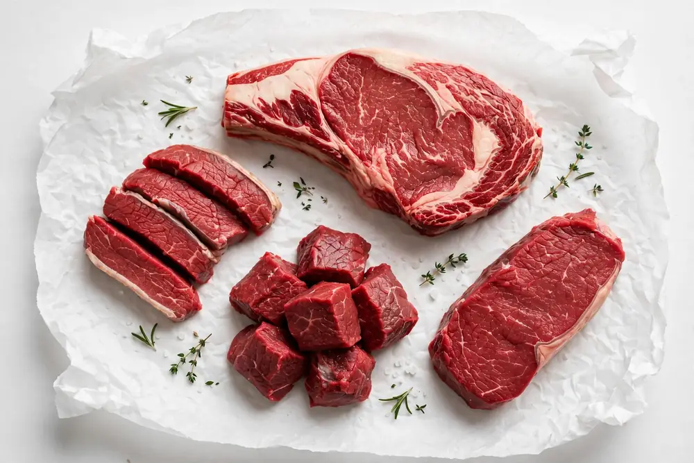 Fresh kosher meat cuts on display at Satmar Meats Boro Park