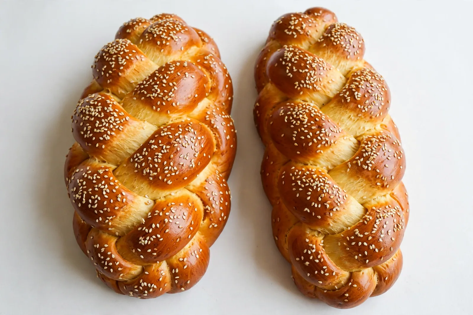 Braided challah loaves with sesame seeds — kosher Shabbos food in Brooklyn