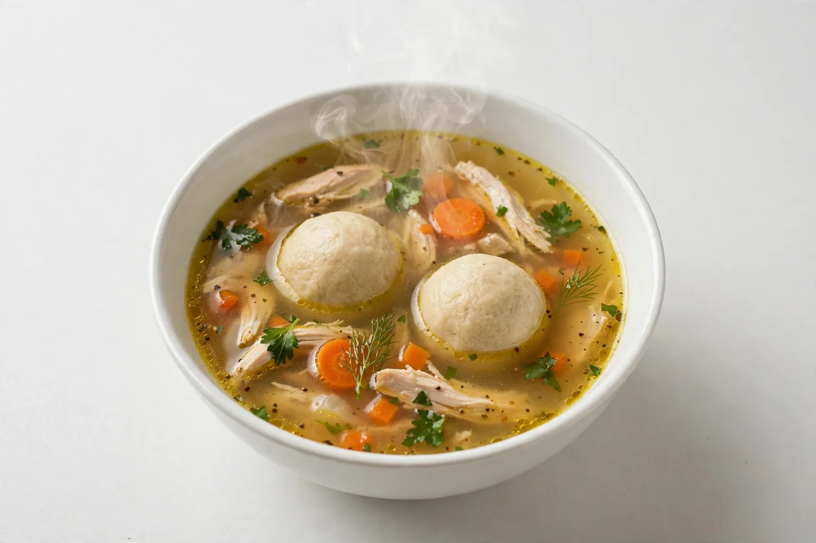 Bowl of golden kosher chicken soup with matzo balls — Satmar Meats Brooklyn