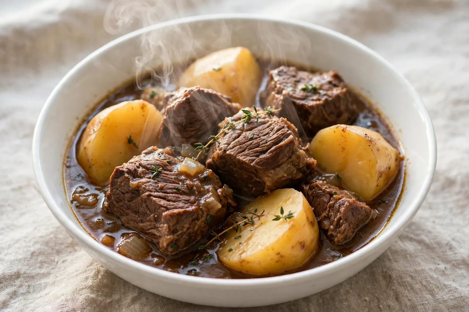 Bowl of slow-cooked kosher chulent with beef and potatoes — Shabbos food in Boro Park