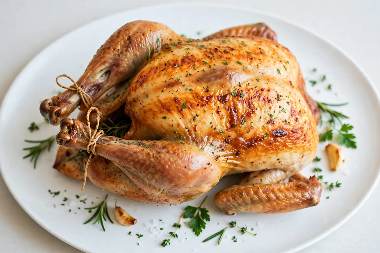Golden roast chicken on a white platter — kosher Shabbos food at Satmar Meats Boro Park Brooklyn