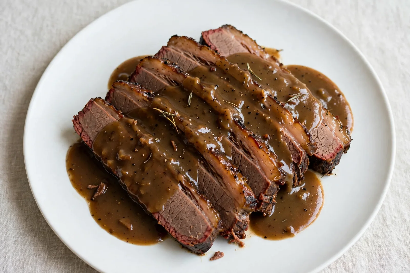 Sliced cooked kosher brisket with gravy — Shabbos takeout in Boro Park Brooklyn